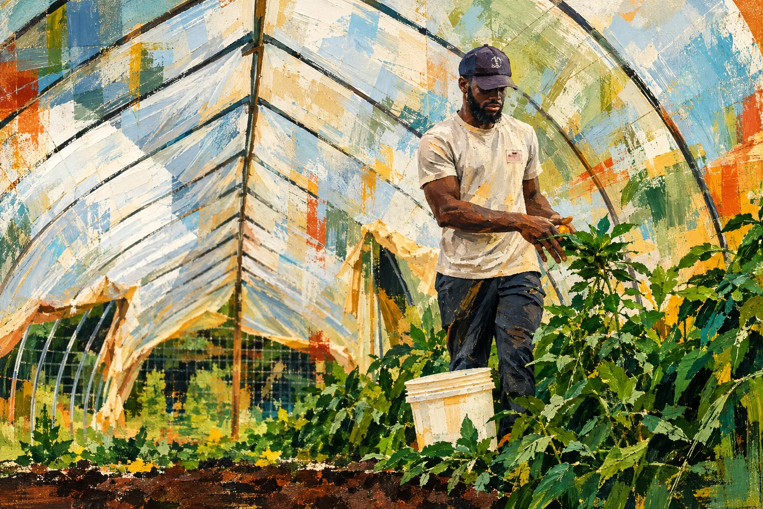 Farmer working among crops in a greenhouse